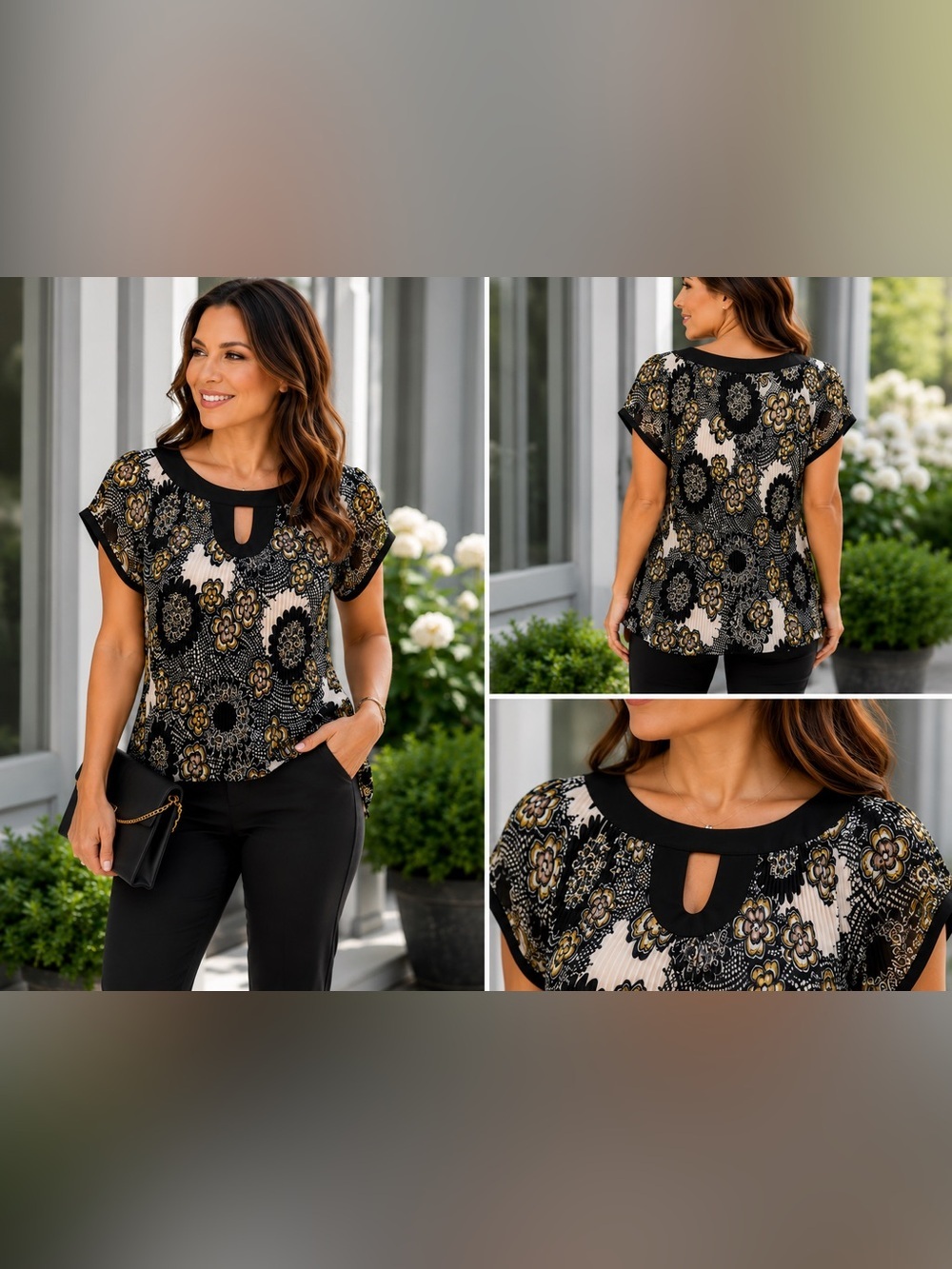 Nicola Petite Floral Pleated Stretch Blouse Keyhole Neck PS